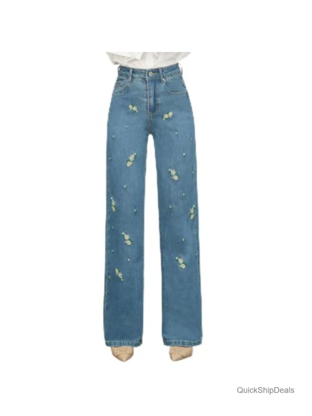 Women's High Waisted Embroidered Wide Leg Jeans Stretch Floral Denim